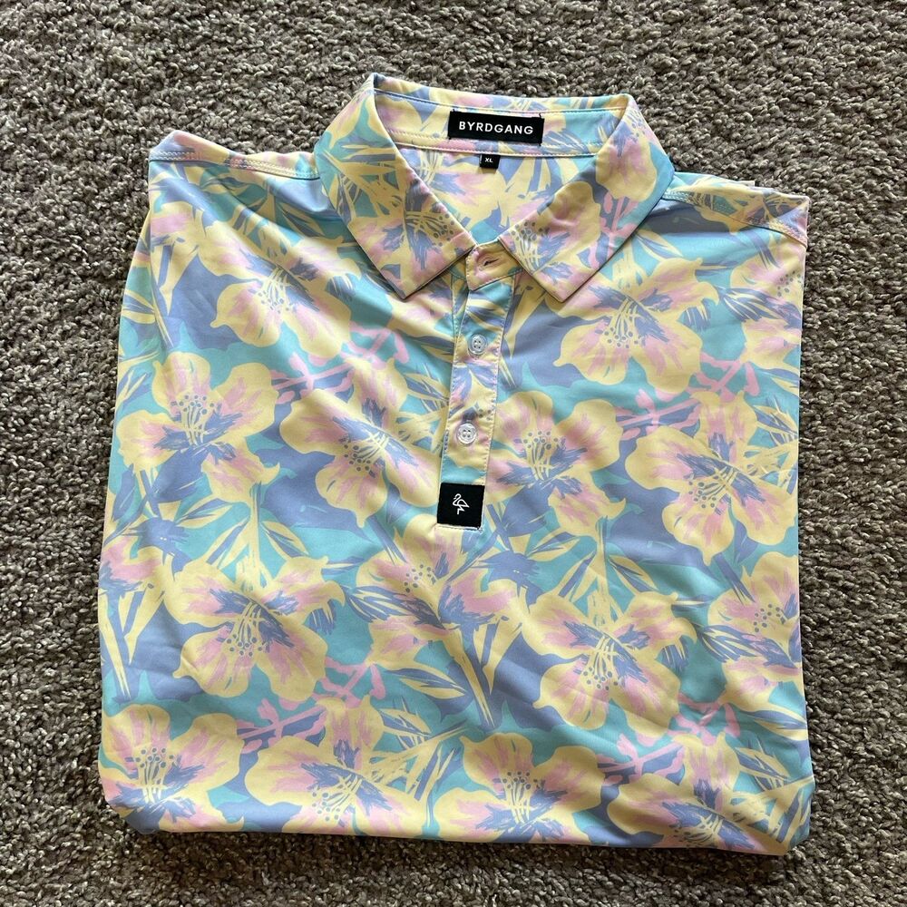 BYRD Gang Pastel Pedals Polo Floral Performance Stretch Golf Shirt Mens XL